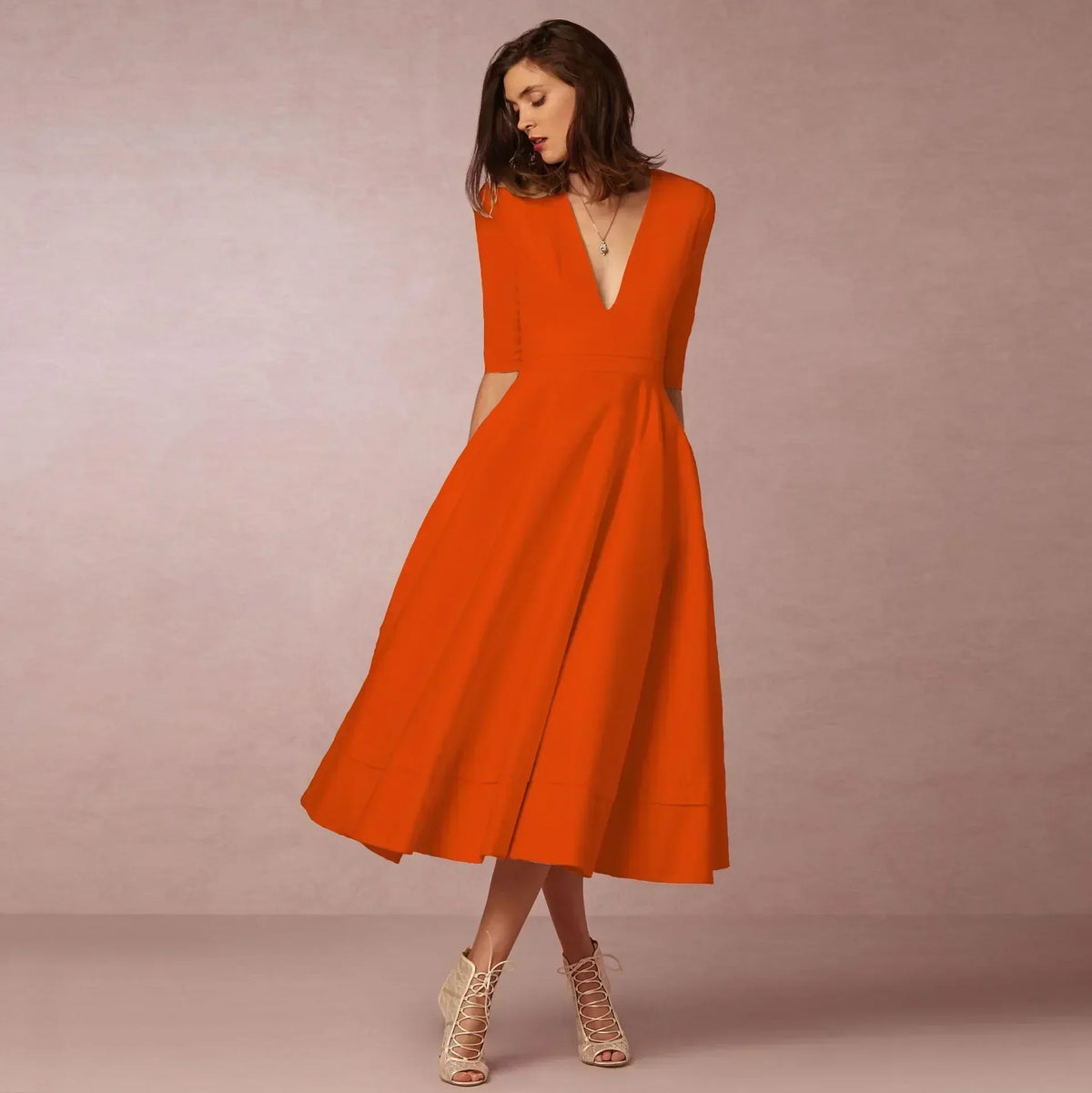 Women's Flowing Deep V-Neck Summer Wedding Midi Dress