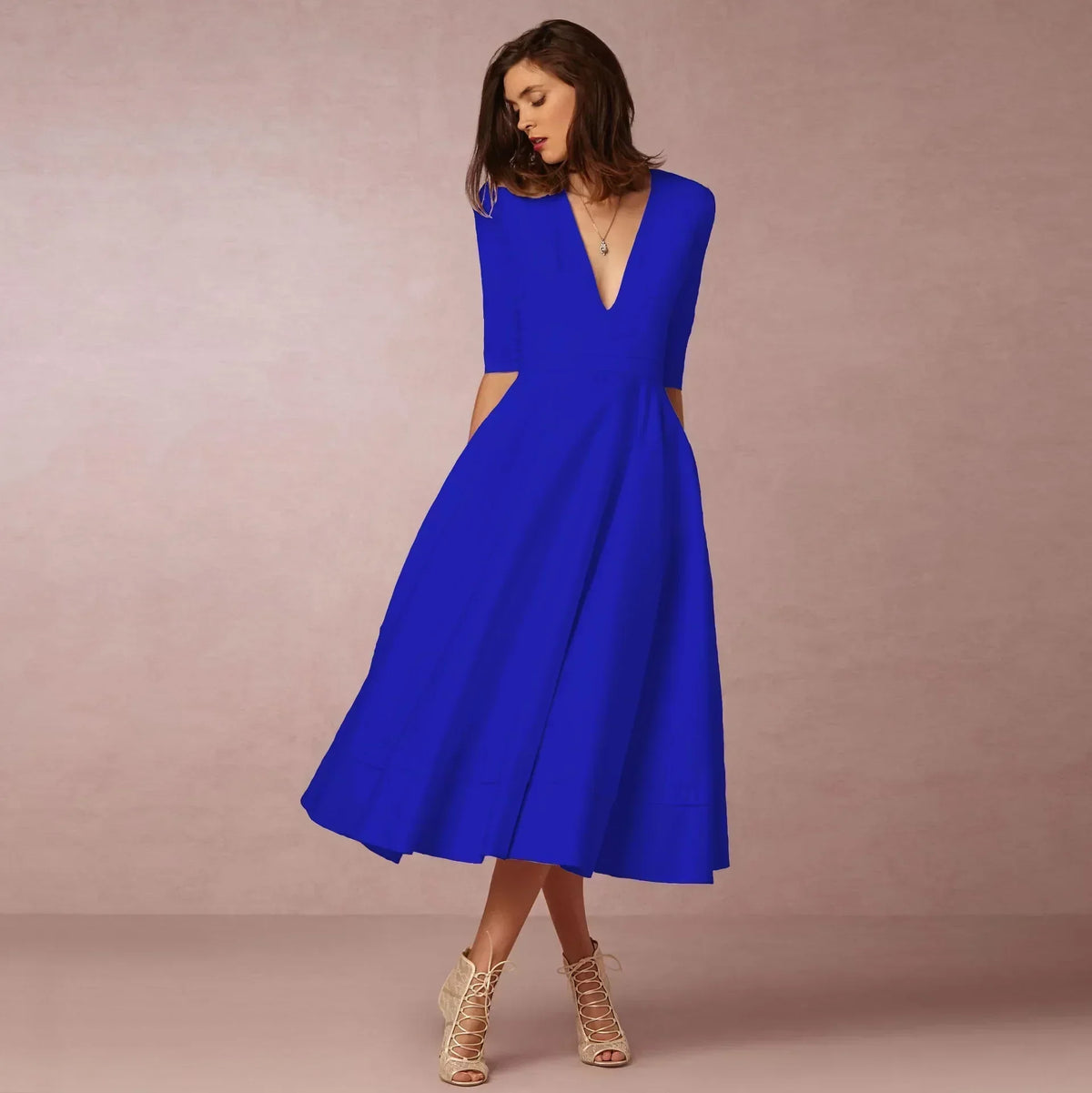 Women's Flowing Deep V-Neck Summer Wedding Midi Dress