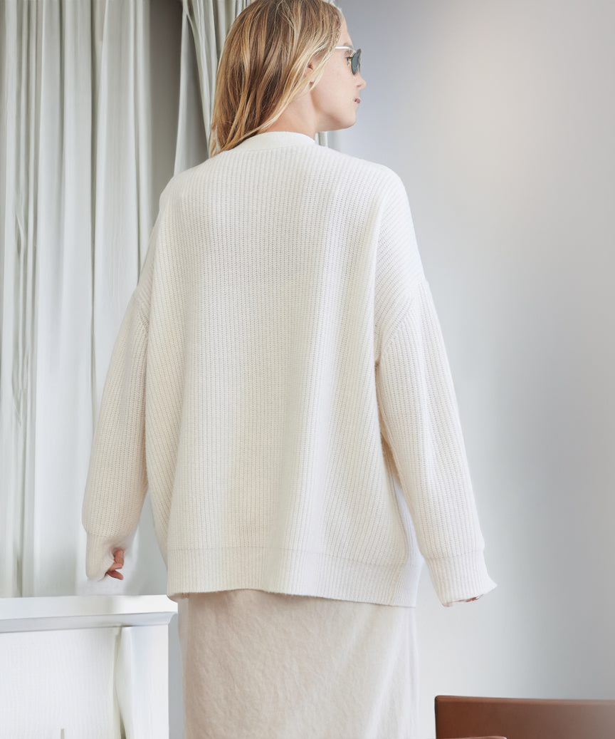 Women's Dropped Shoulder Deep V-Neck Ribbed Knit Cardigan