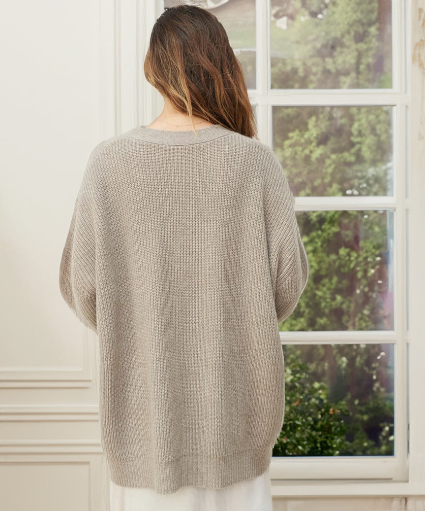 Women's Dropped Shoulder Deep V-Neck Ribbed Knit Cardigan
