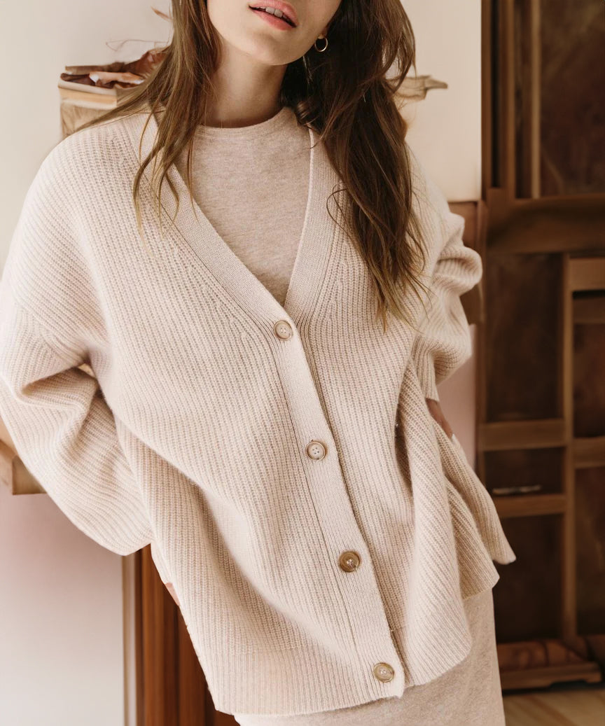 Women's Dropped Shoulder Deep V-Neck Ribbed Knit Cardigan
