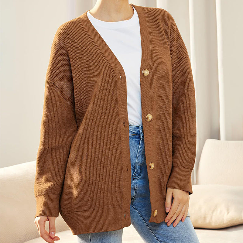 Women's Dropped Shoulder Deep V-Neck Ribbed Knit Cardigan