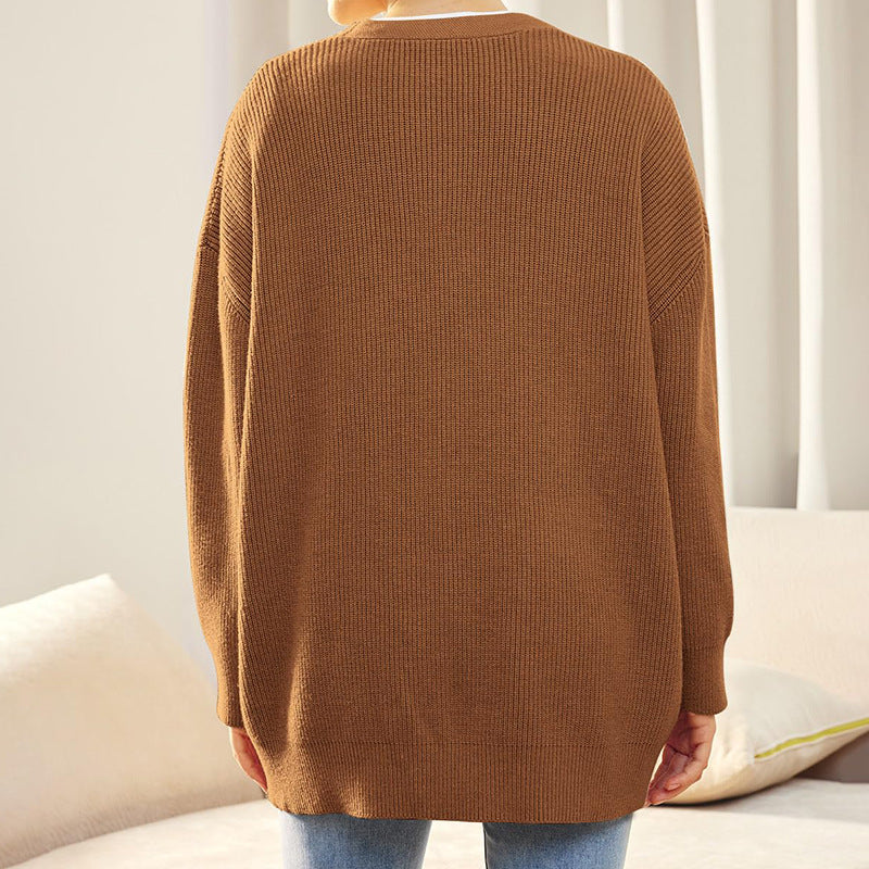Women's Dropped Shoulder Deep V-Neck Ribbed Knit Cardigan