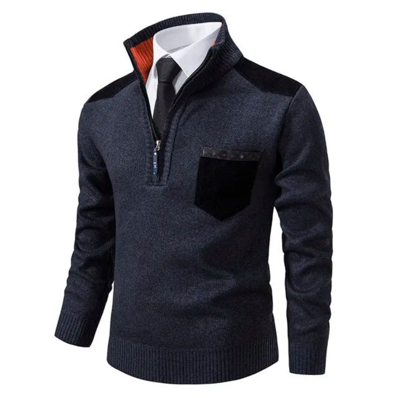 Men's Funnel Collar Quarter Zip Chest Pocket Knit Pullover
