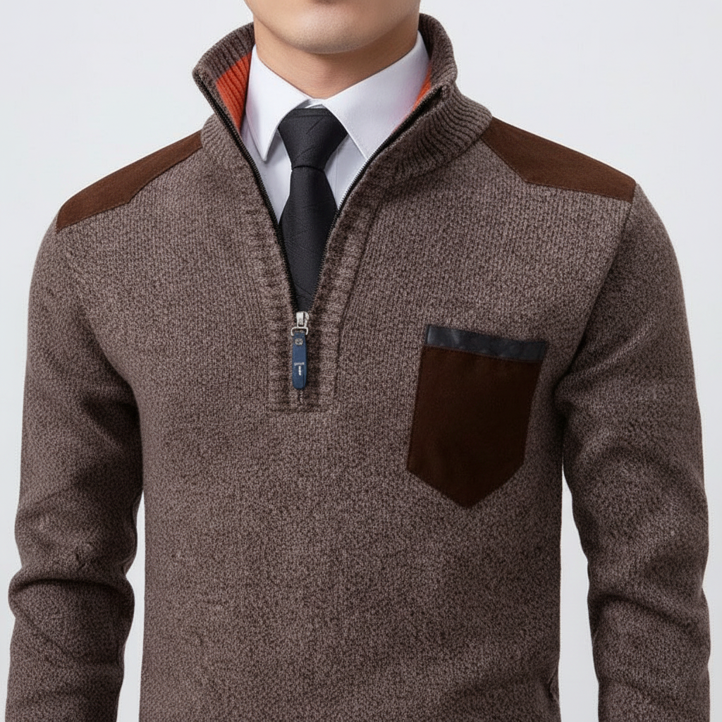 Men's Funnel Collar Quarter Zip Chest Pocket Knit Pullover