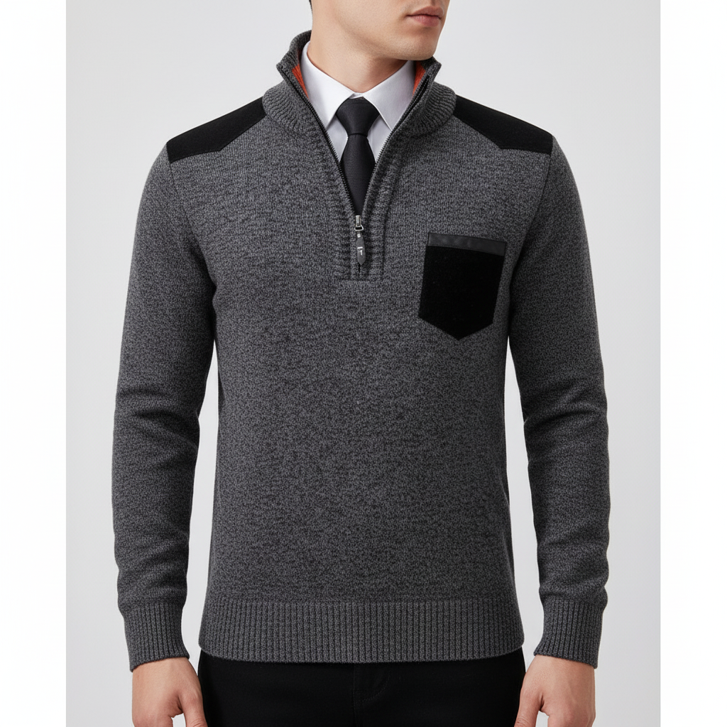 Men's Funnel Collar Quarter Zip Chest Pocket Knit Pullover