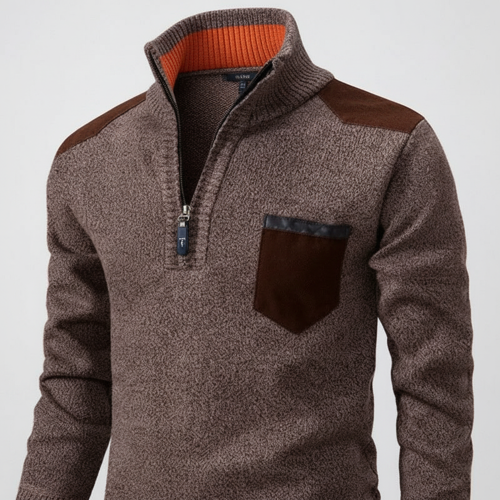 Men's Funnel Collar Quarter Zip Chest Pocket Knit Pullover