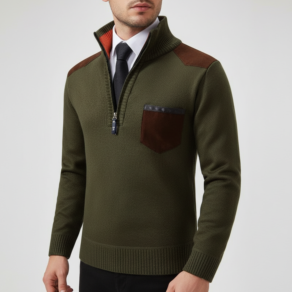 Men's Funnel Collar Quarter Zip Chest Pocket Knit Pullover