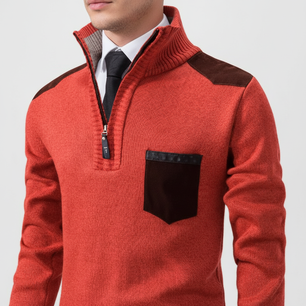 Men's Funnel Collar Quarter Zip Chest Pocket Knit Pullover