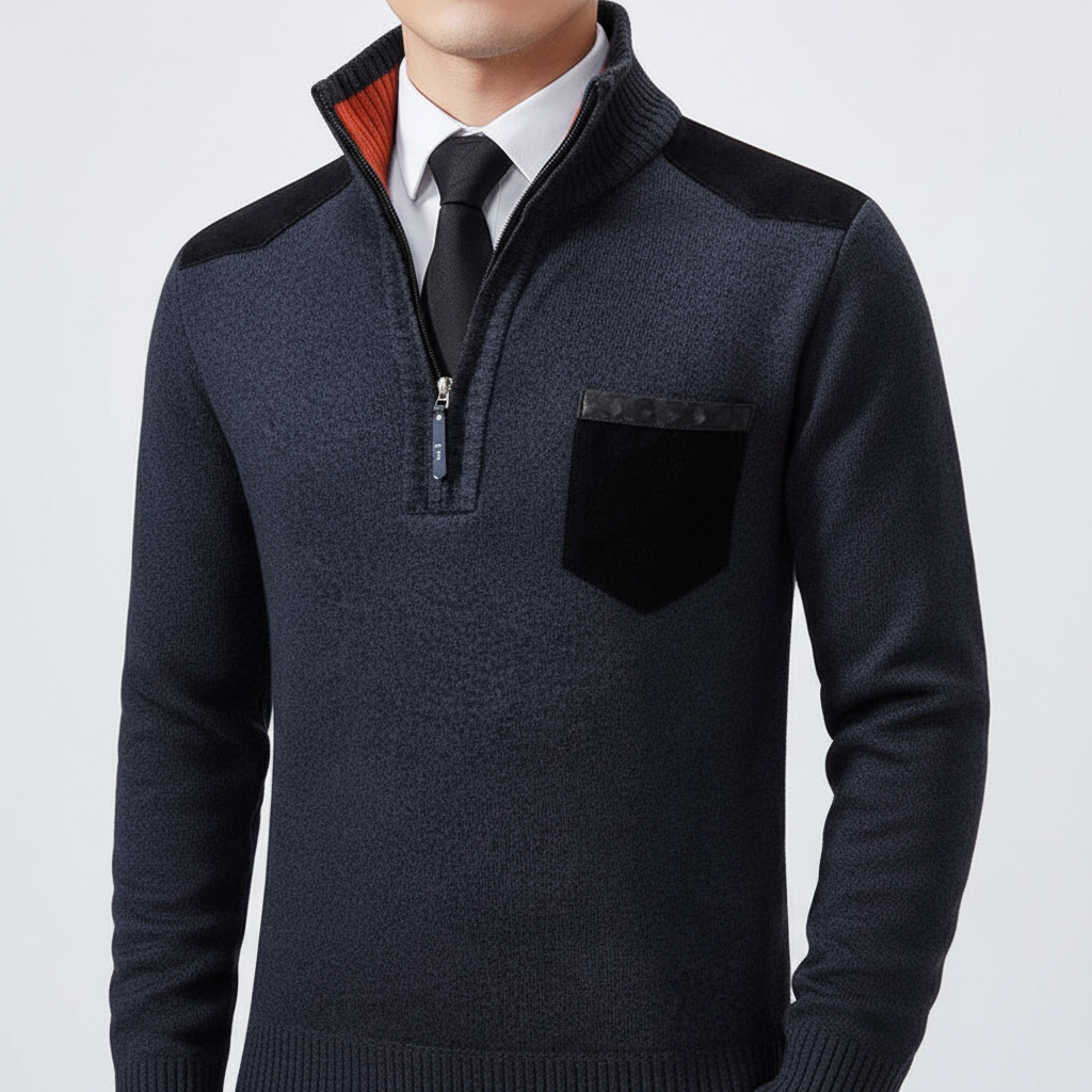 Men's Funnel Collar Quarter Zip Chest Pocket Knit Pullover