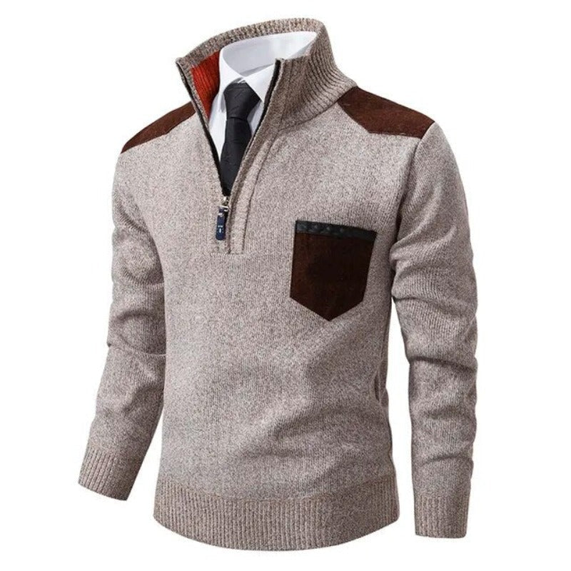 Men's Funnel Collar Quarter Zip Chest Pocket Knit Pullover
