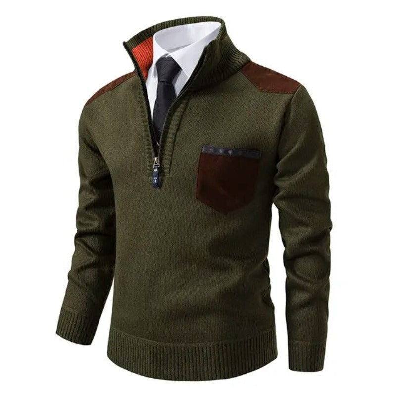 Men's Funnel Collar Quarter Zip Chest Pocket Knit Pullover