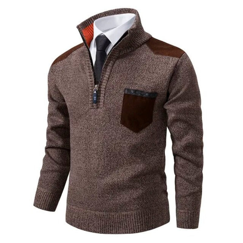 Men's Funnel Collar Quarter Zip Chest Pocket Knit Pullover