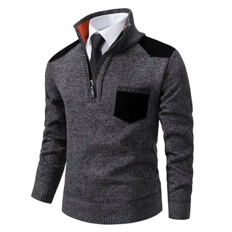 Men's Funnel Collar Quarter Zip Chest Pocket Knit Pullover