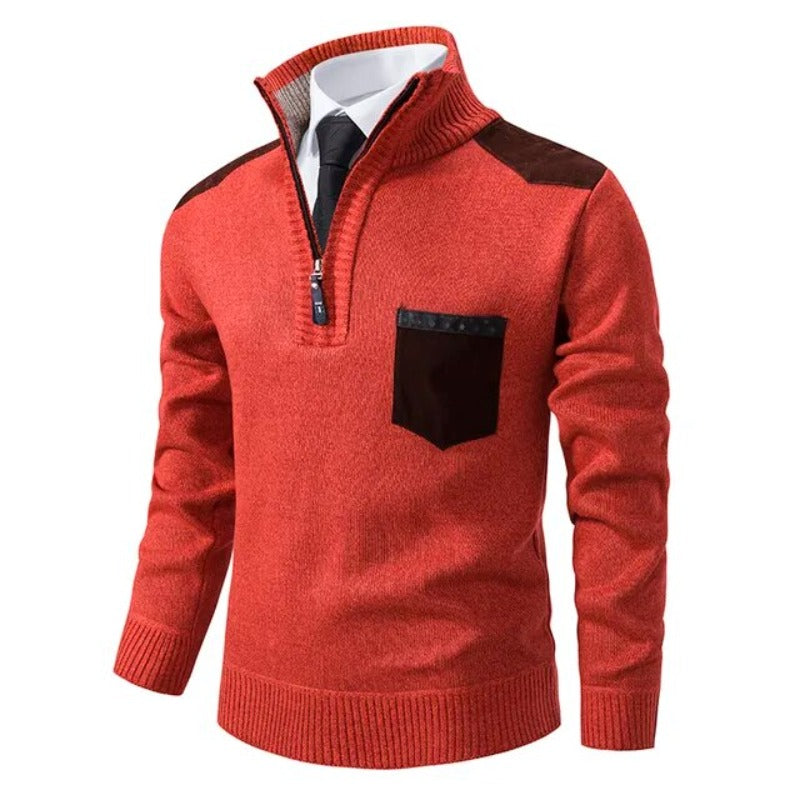Men's Funnel Collar Quarter Zip Chest Pocket Knit Pullover