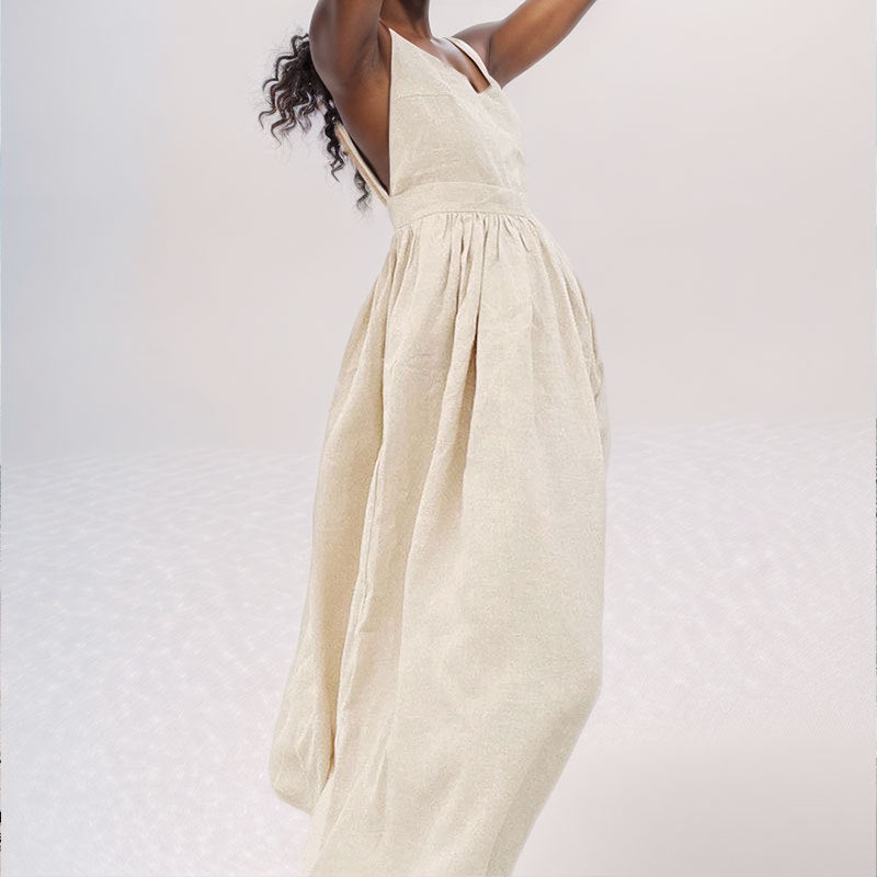 Women's Open Back Midi Dress with Adjustable Tie Straps