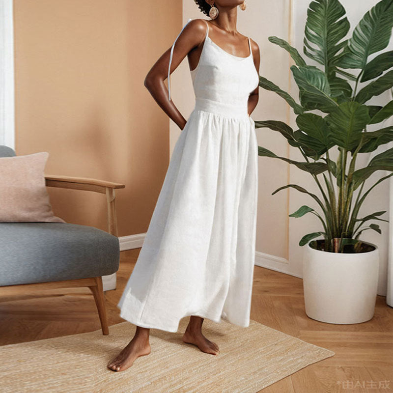 Women's Open Back Midi Dress with Adjustable Tie Straps