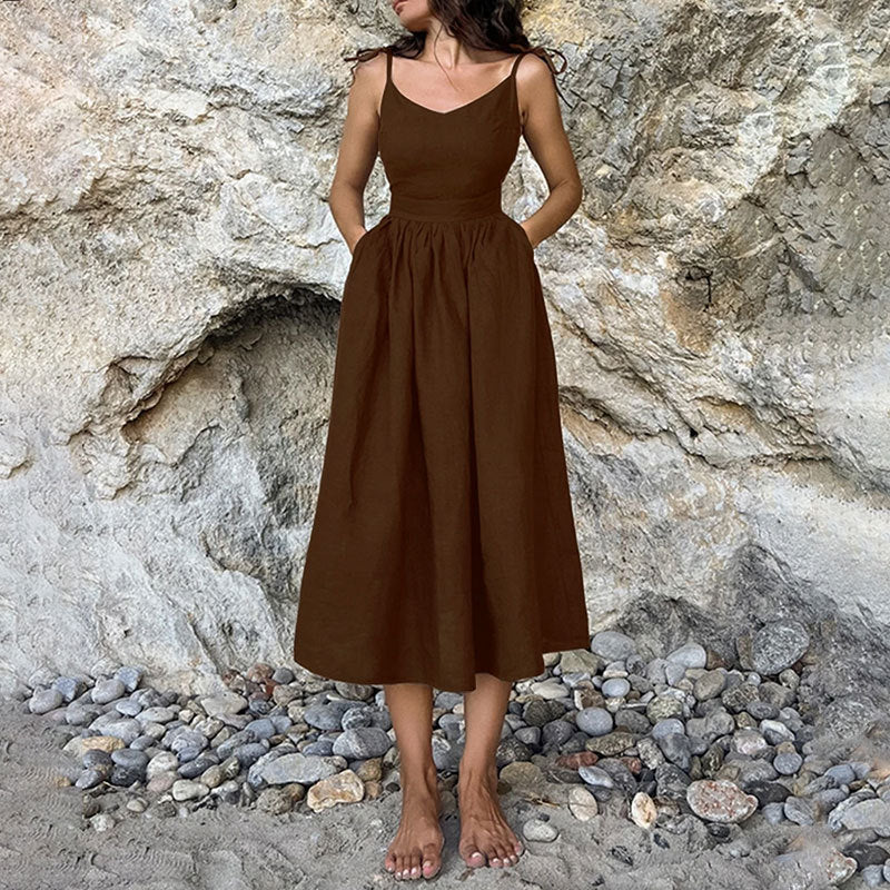Women's Open Back Midi Dress with Adjustable Tie Straps