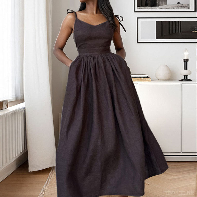 Women's Open Back Midi Dress with Adjustable Tie Straps