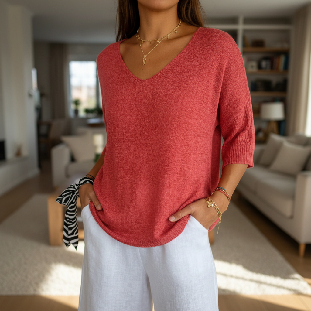 Women's Breathable V-Neck Knit Tee for Daytime
