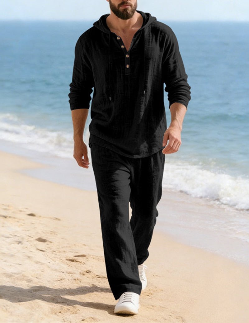 Men's Hooded Henley Placket Loungewear Set
