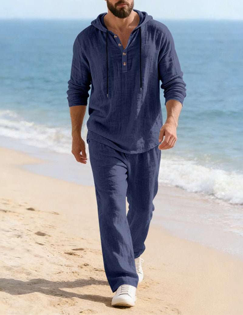 Men's Hooded Henley Placket Loungewear Set