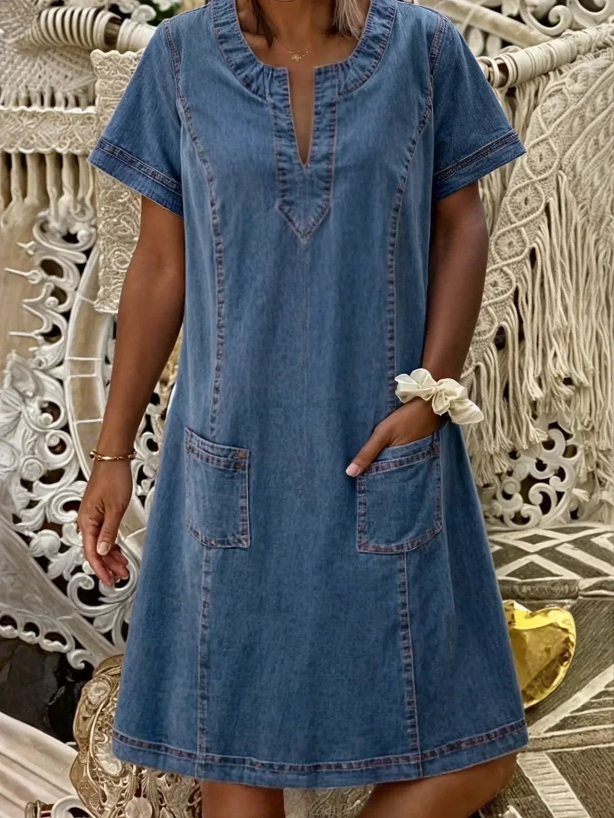 Women's Casual Pull-On Denim Pocket Midi Dress
