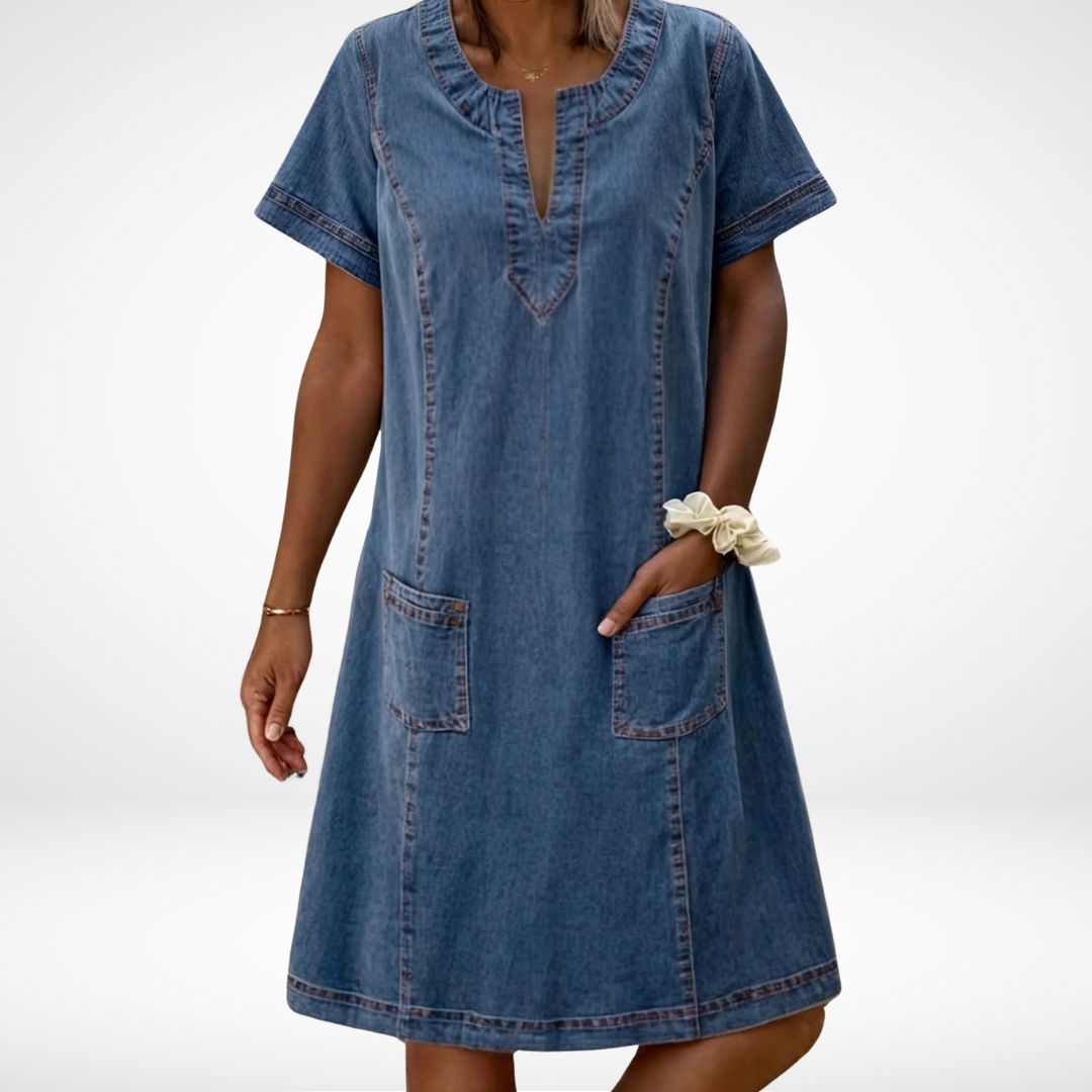 Women's Casual Pull-On Denim Pocket Midi Dress