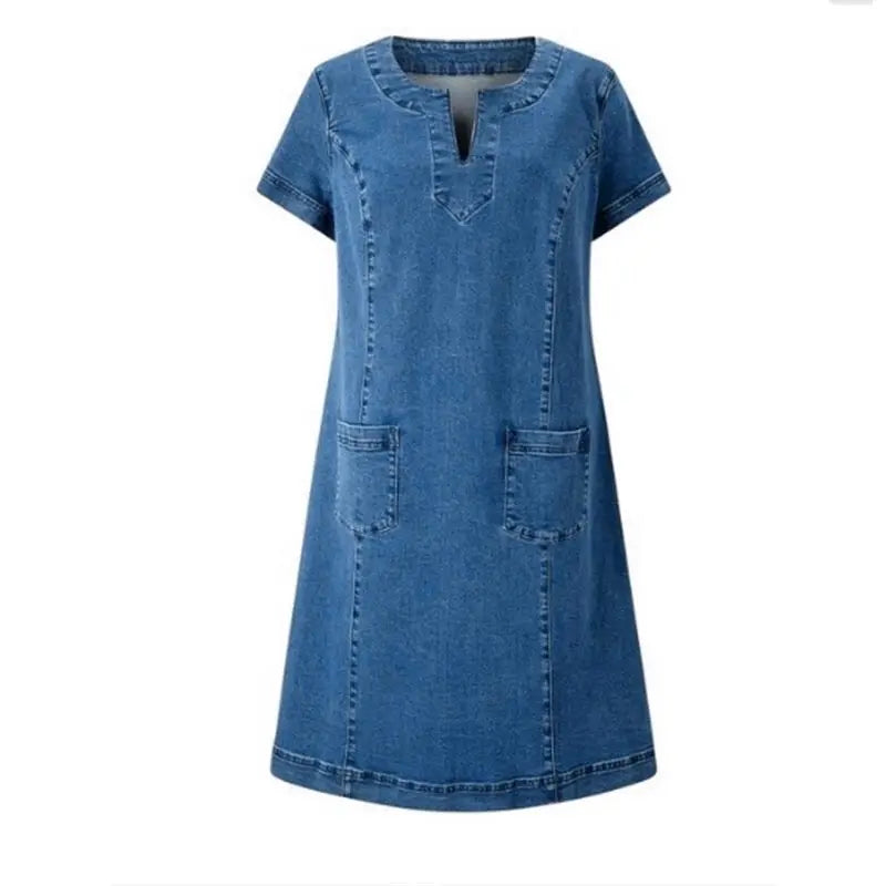 Women's Casual Pull-On Denim Pocket Midi Dress