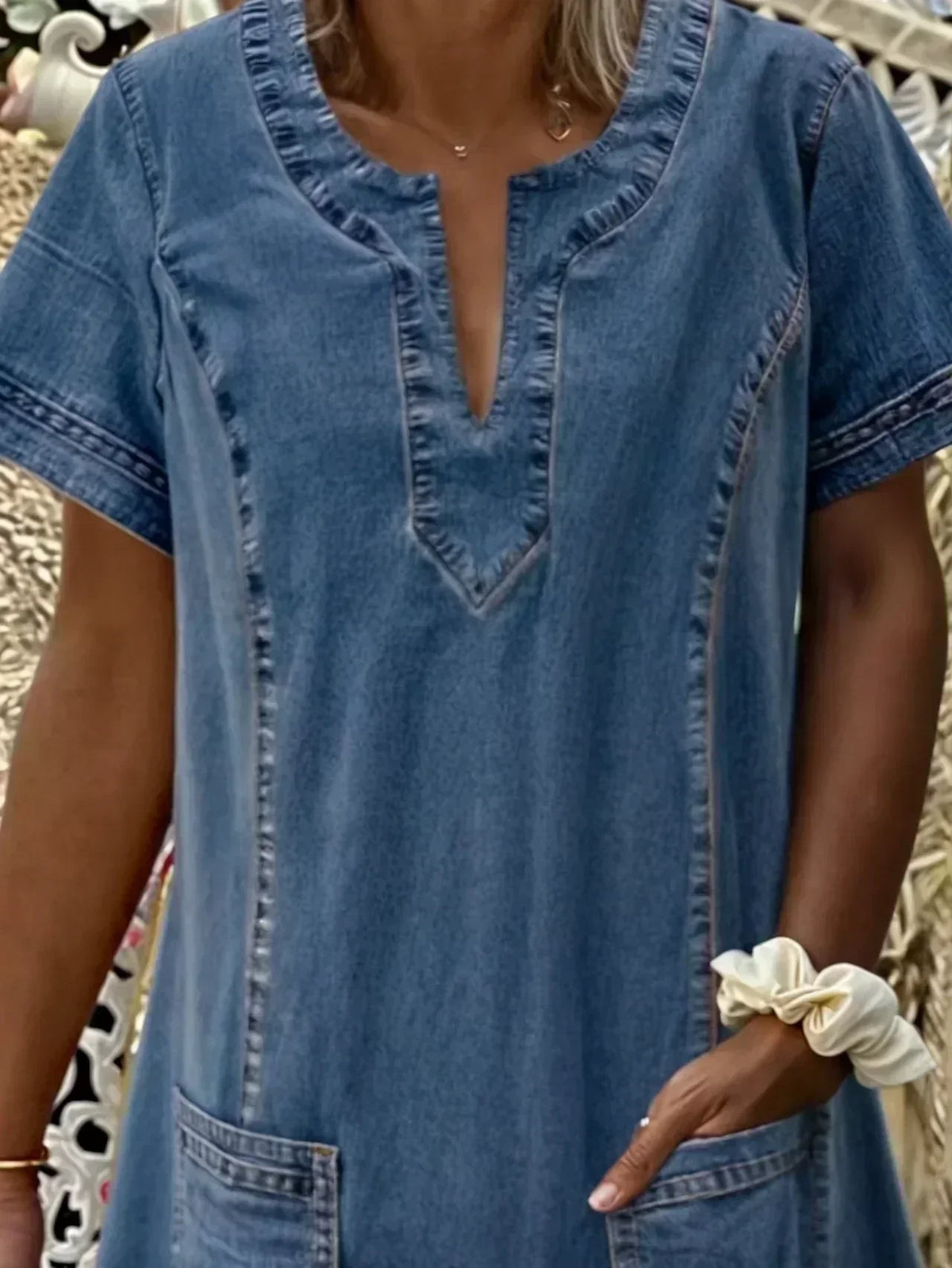 Women's Casual Pull-On Denim Pocket Midi Dress