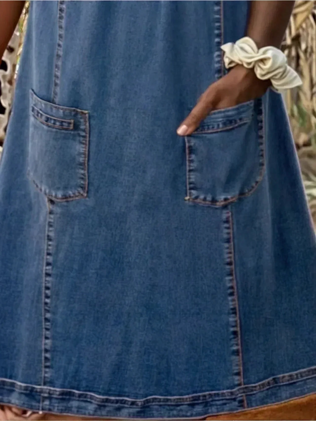 Women's Casual Pull-On Denim Pocket Midi Dress