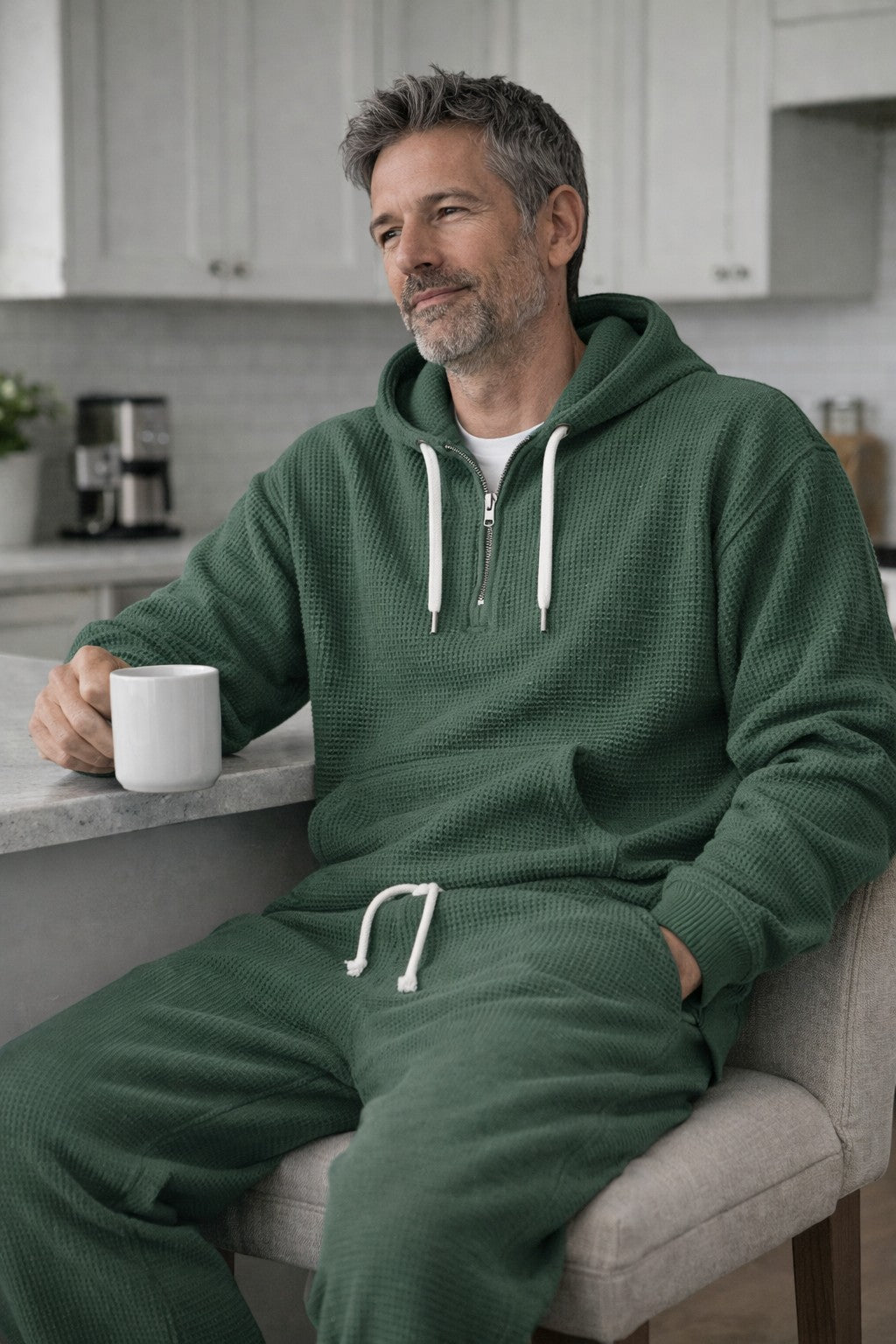Men's Half-Zip Waffle Knit Hooded Jogger Set