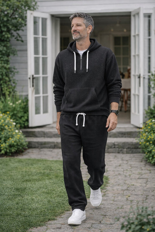Men's Half-Zip Waffle Knit Hooded Jogger Set