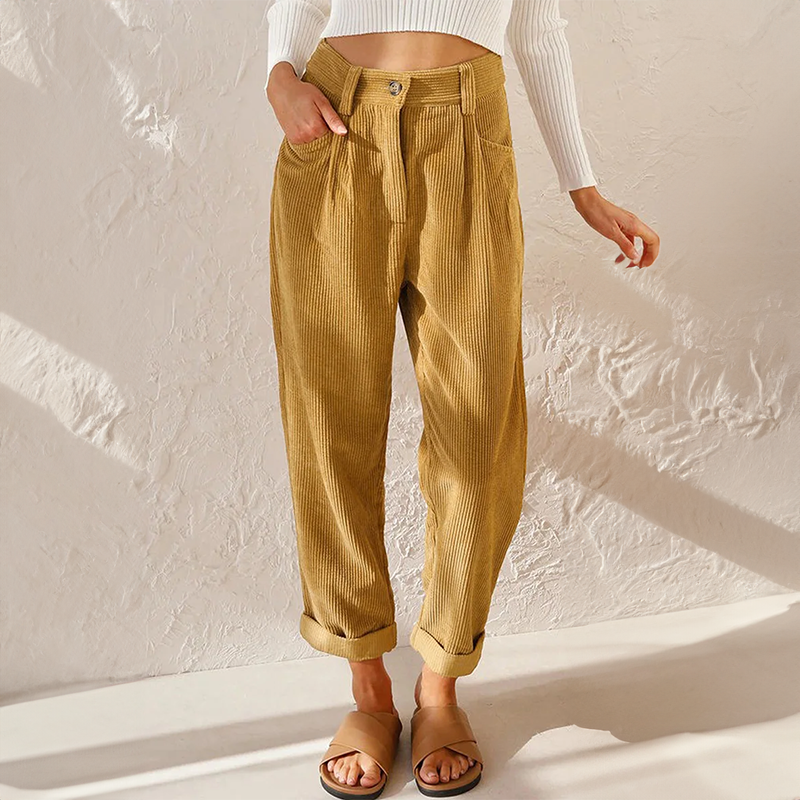 Women's Casual Pleated High-Waisted Corduroy Pants