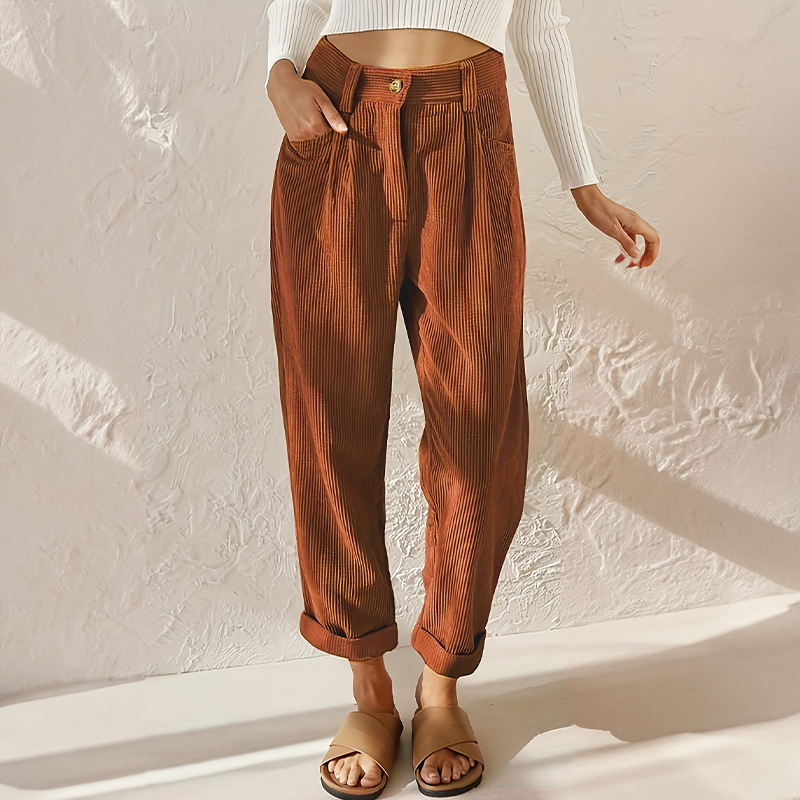 Women's Casual Pleated High-Waisted Corduroy Pants