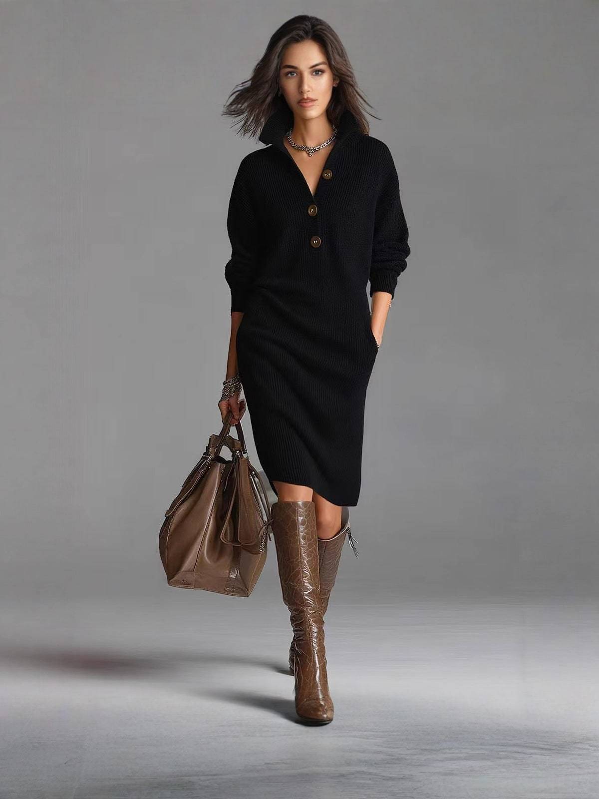 Women's Buttoned Stand Collar Ribbed Knit Pocket Sweater Dress