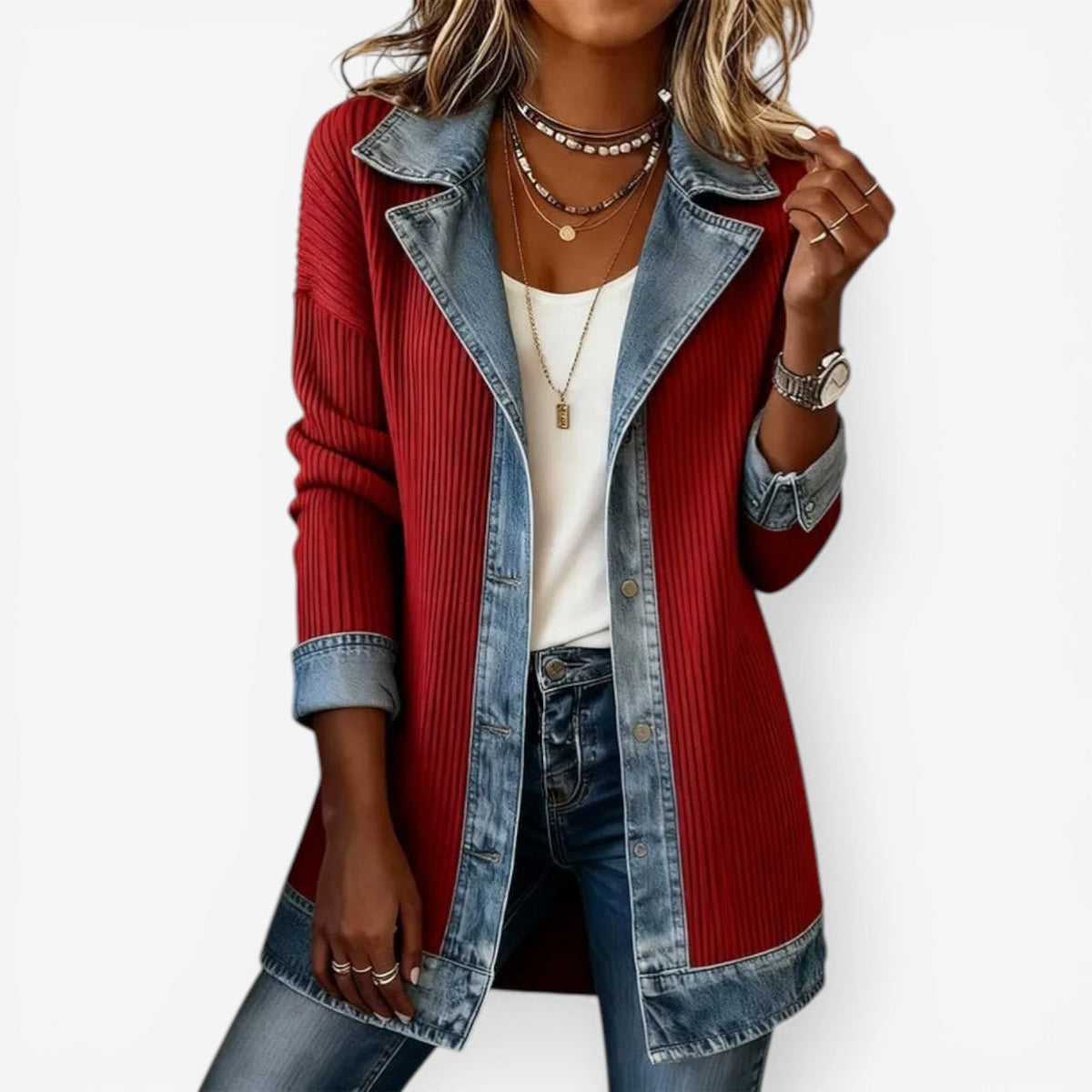 Women's Denim-Inspired Knit Jacket with Layered Collar