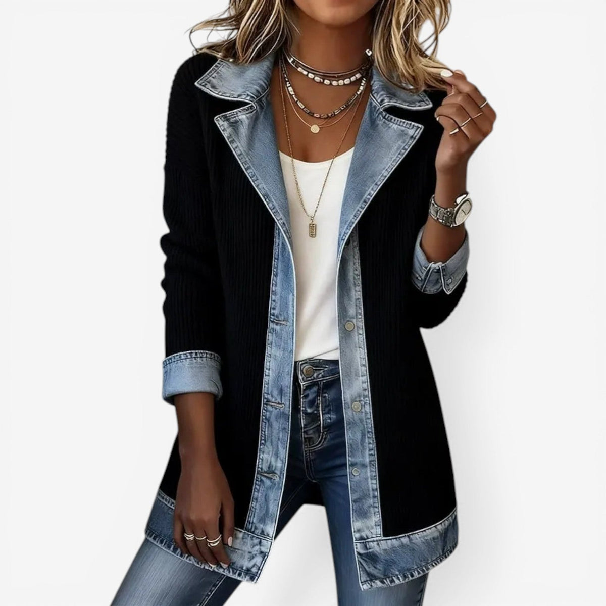 Women's Denim-Inspired Knit Jacket with Layered Collar