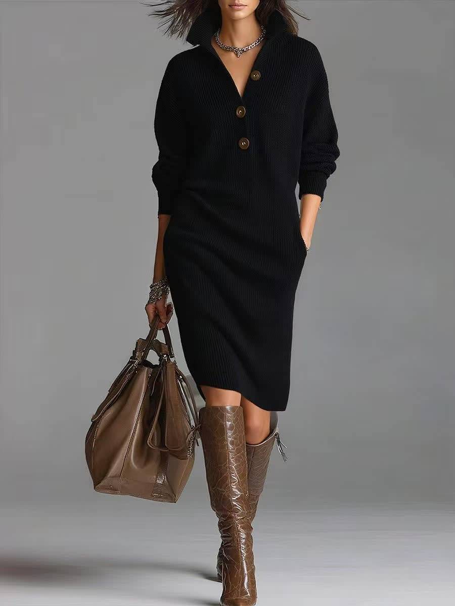 Women's Buttoned Stand Collar Ribbed Knit Pocket Sweater Dress
