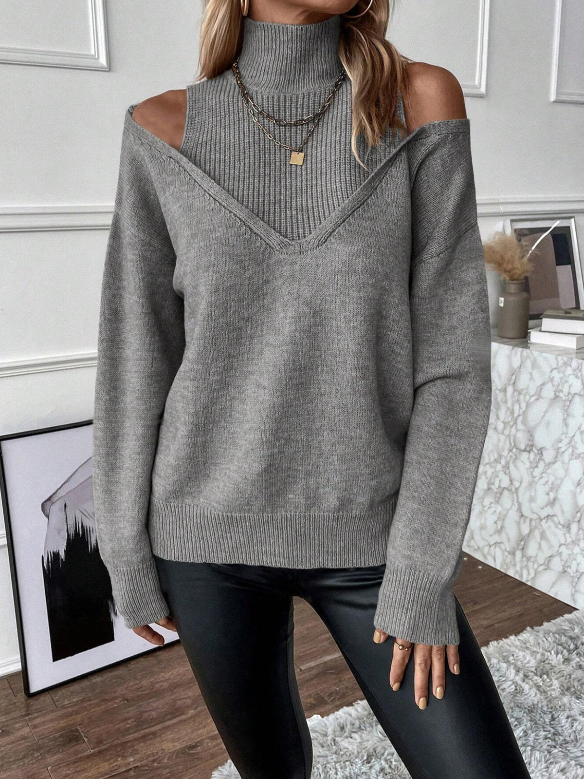Women's Layered Knit Turtleneck Off-Shoulder Winter Pullover