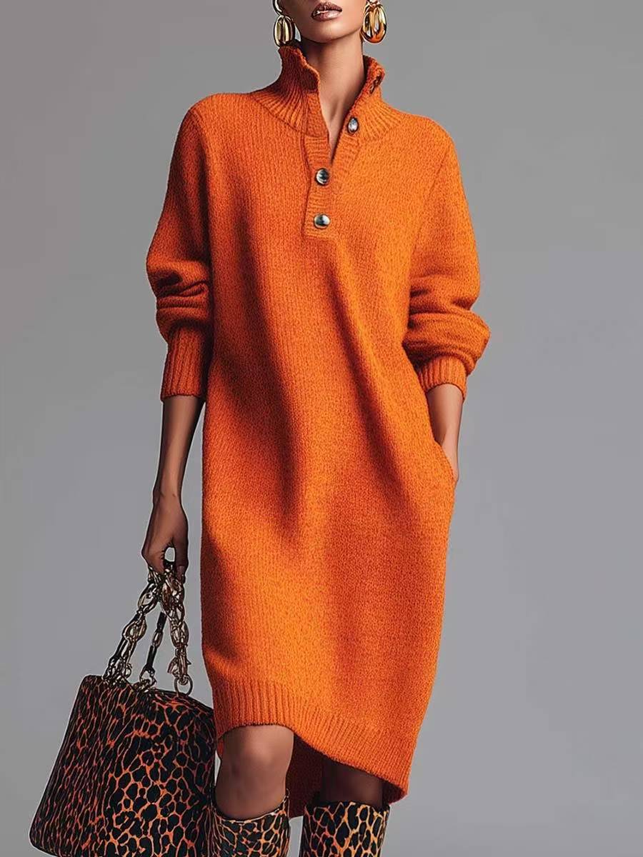 Women's Buttoned Stand Collar Ribbed Knit Pocket Sweater Dress
