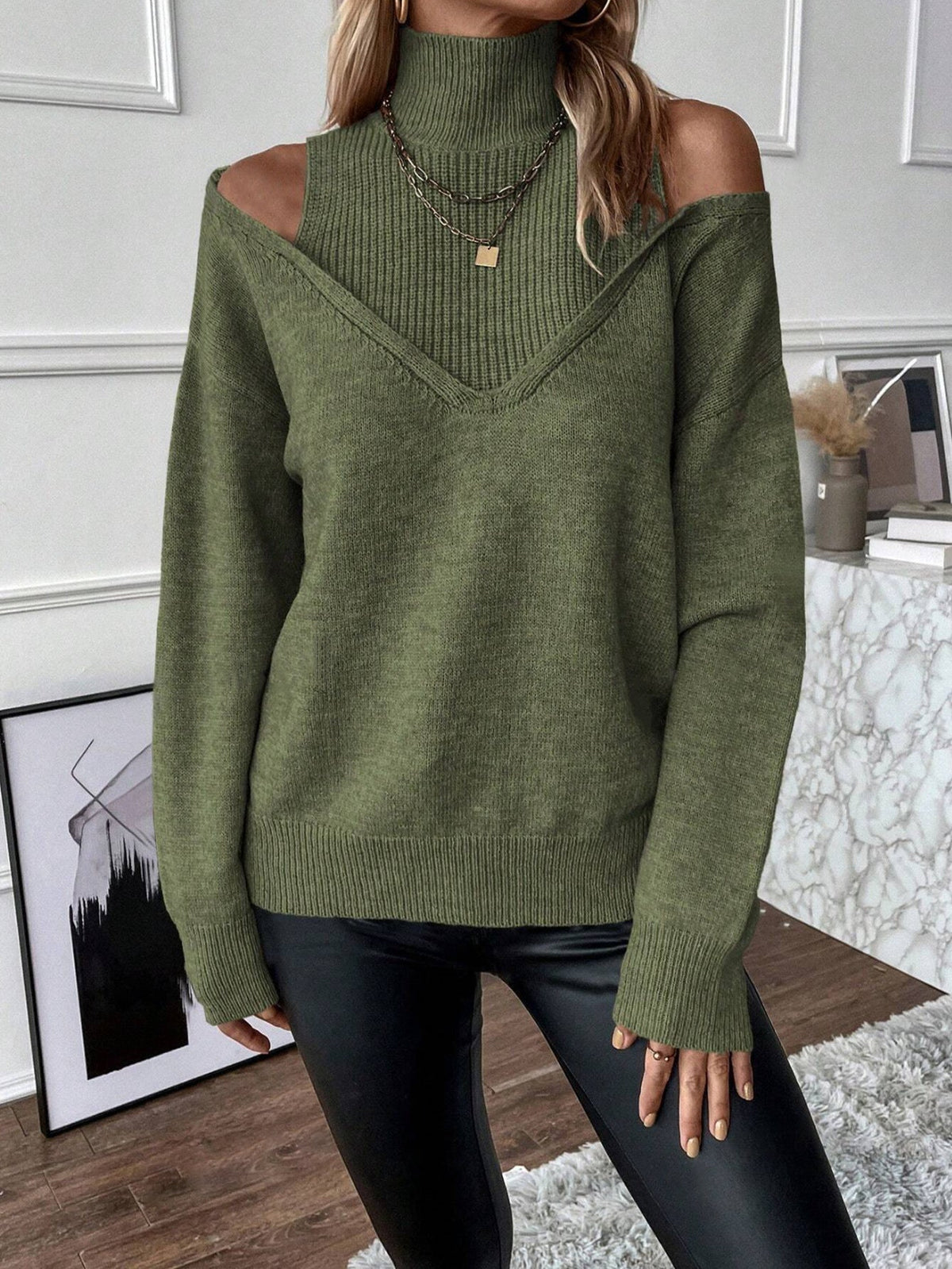Women's Layered Knit Turtleneck Off-Shoulder Winter Pullover