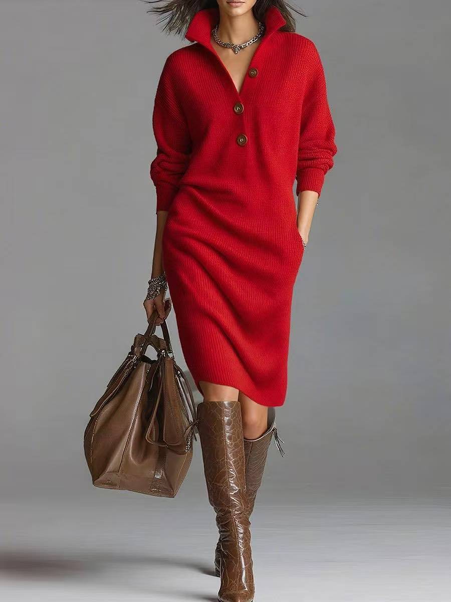 Women's Buttoned Stand Collar Ribbed Knit Pocket Sweater Dress