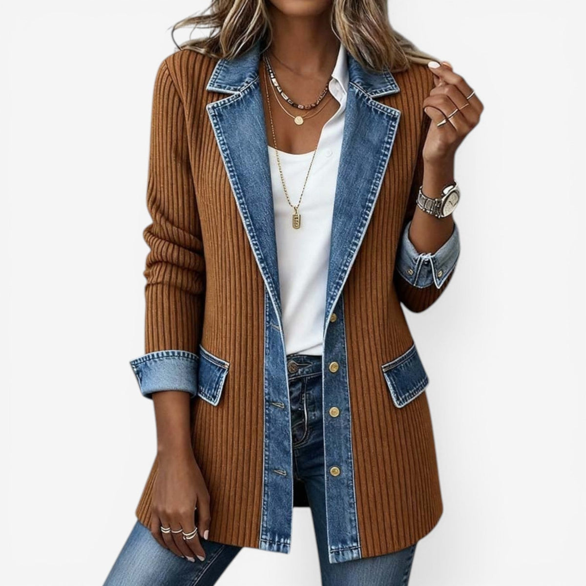Women's Denim-Inspired Knit Jacket with Layered Collar