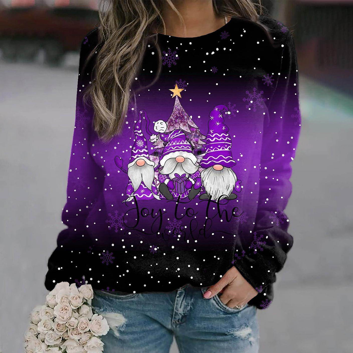 Women's Festive Gnome Print Crew Neck Holiday Sweatshirt