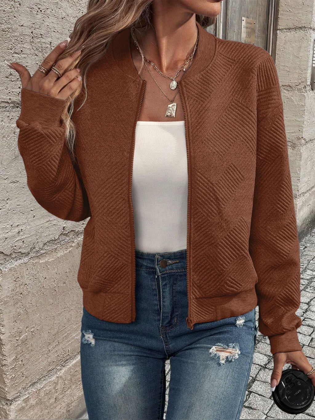 Women's Zip-Front Textured Knit Cardigan with Relaxed Fit
