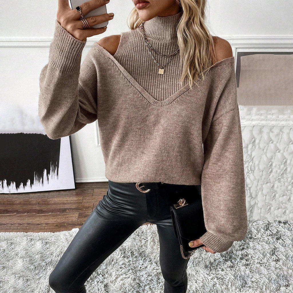 Women's Layered Knit Turtleneck Off-Shoulder Winter Pullover