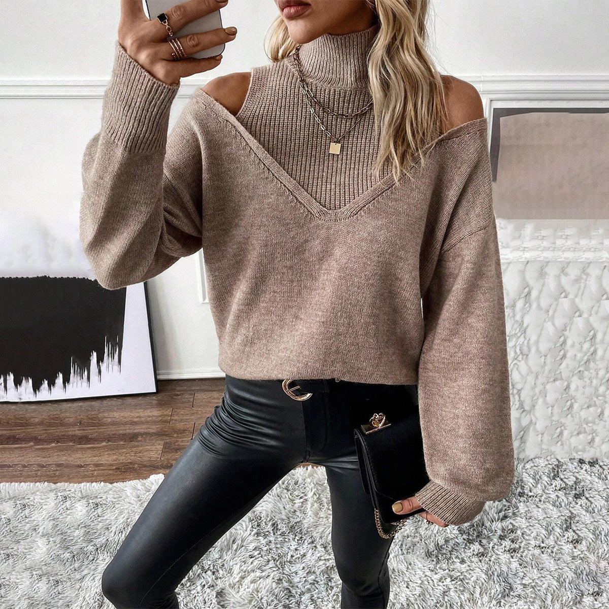 Women's Layered Knit Turtleneck Off-Shoulder Winter Pullover