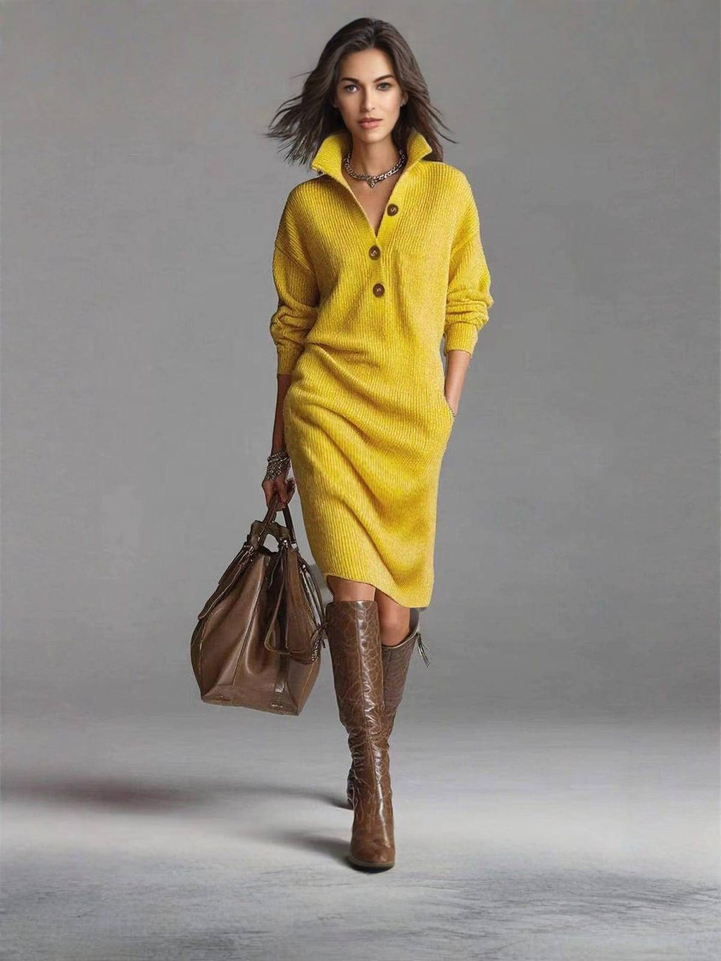 Women's Buttoned Stand Collar Ribbed Knit Pocket Sweater Dress