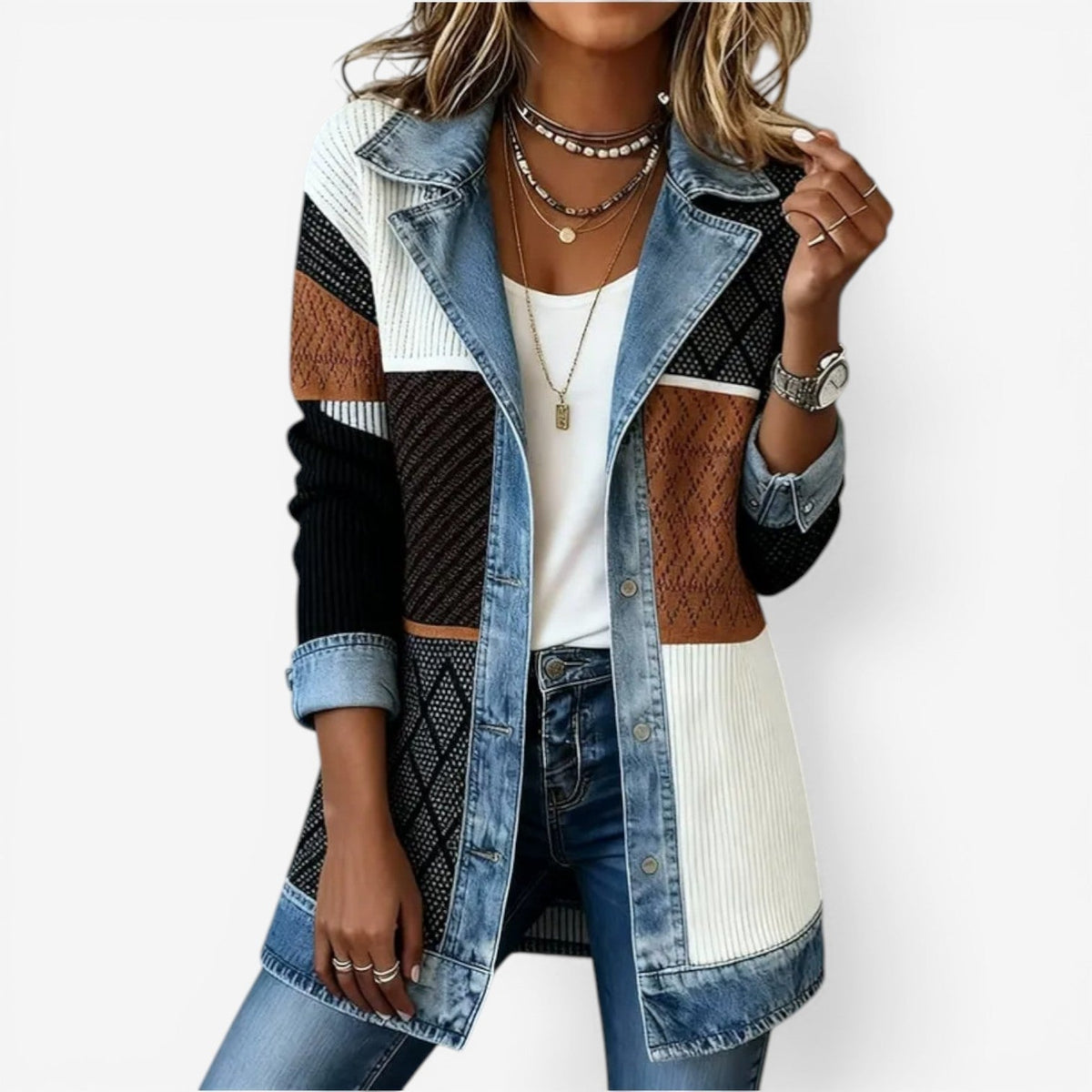 Women's Denim-Inspired Knit Jacket with Layered Collar